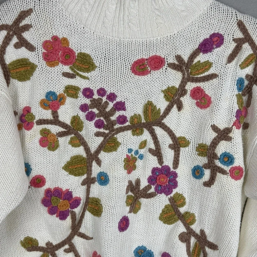 Vtg Cable Knit Mock Neck Sweater Spring Floral Embroidered Grandmacore Med *read
